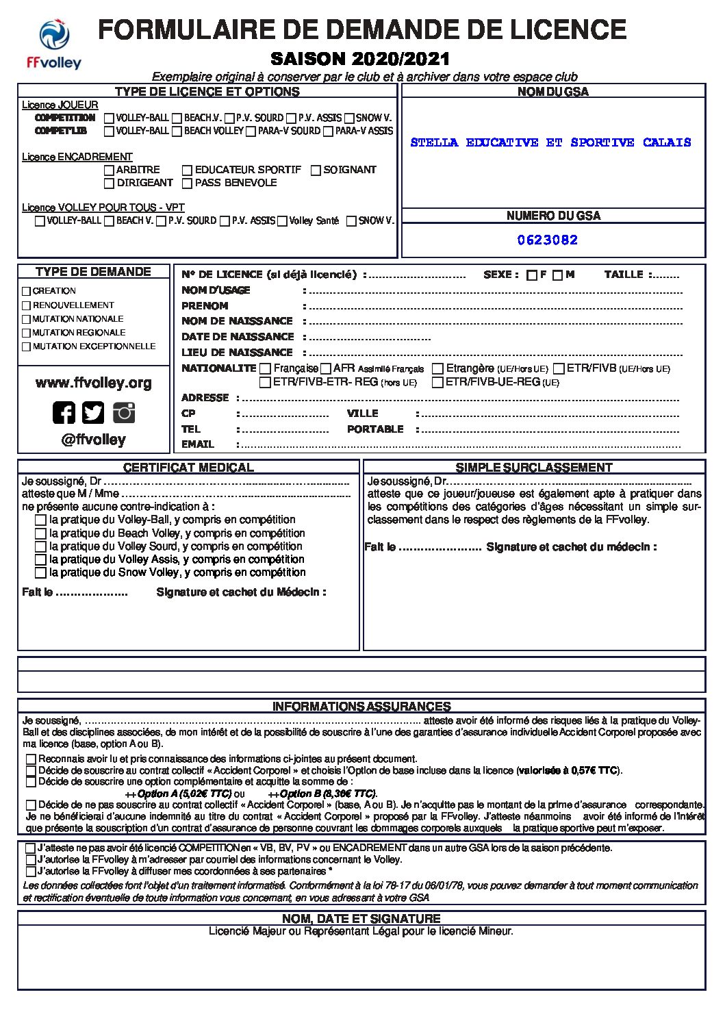 Formulaire demande de licence 20-21