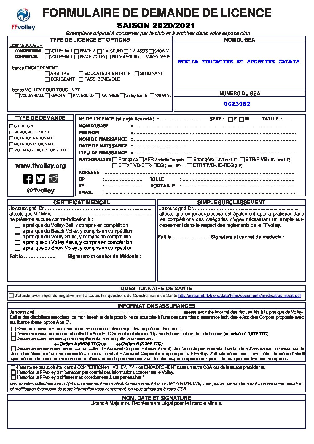 Formulaire demande de licence 20-21 2