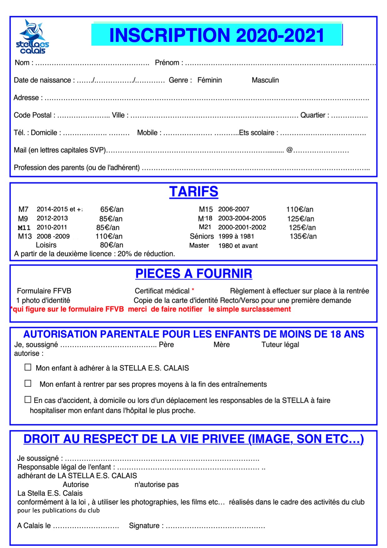 Inscription Tarif
